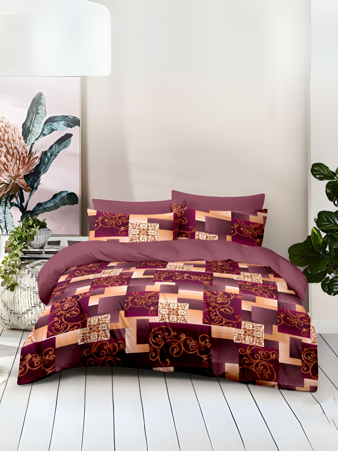 

borato Maroon & White Abstract Cotton 186 TC Queen Bedsheet with 2 Pillow Covers