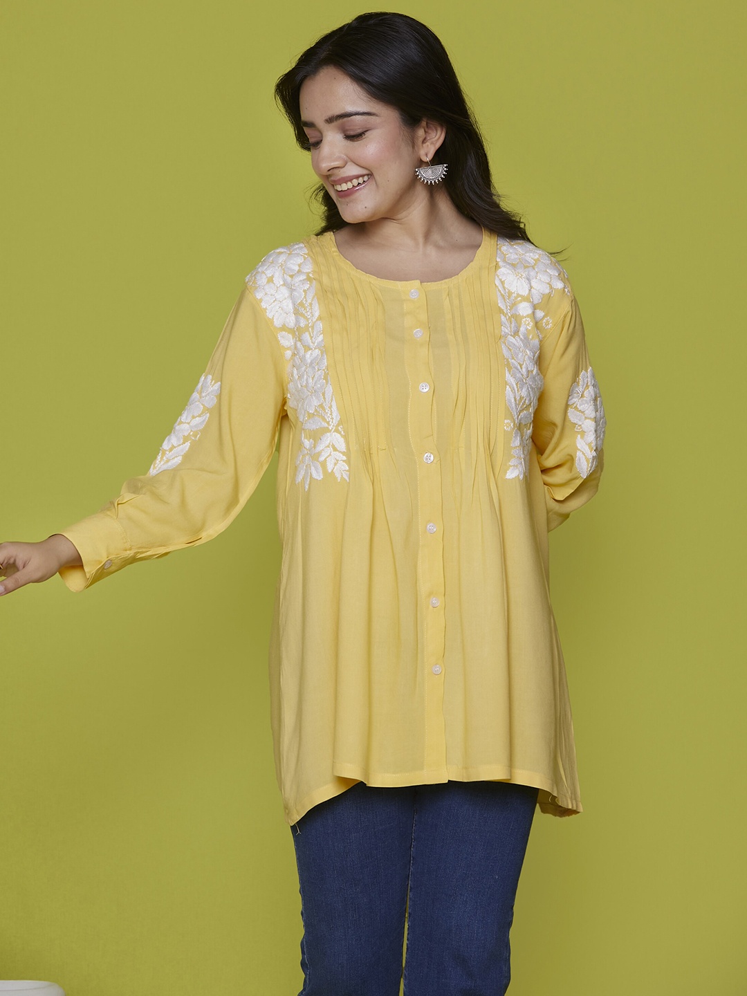 

House of Chikankari Chikankari Woven Shirt, Yellow