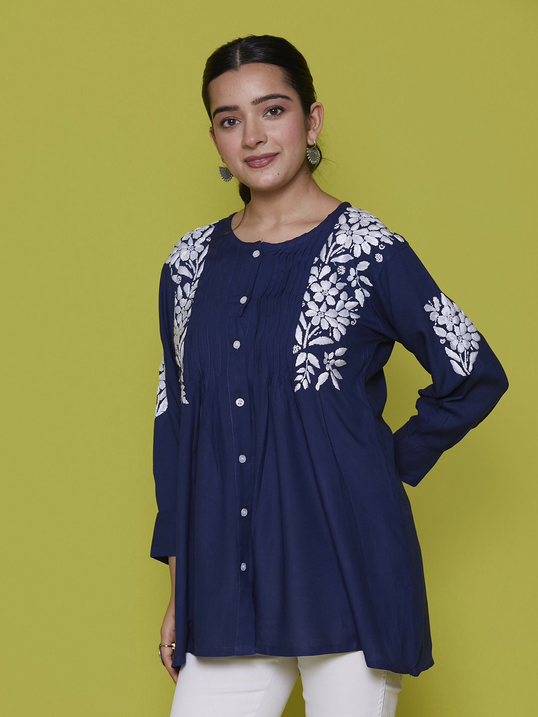 

House of Chikankari Floral Self Design Mandarin Collar Casual Shirt, Navy blue