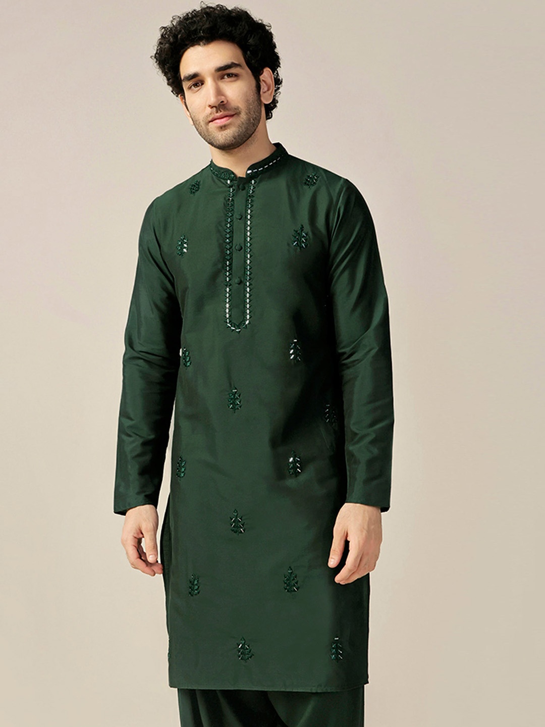 

KISAH Mandarin Collar Mirror Work Straight Kurta, Green