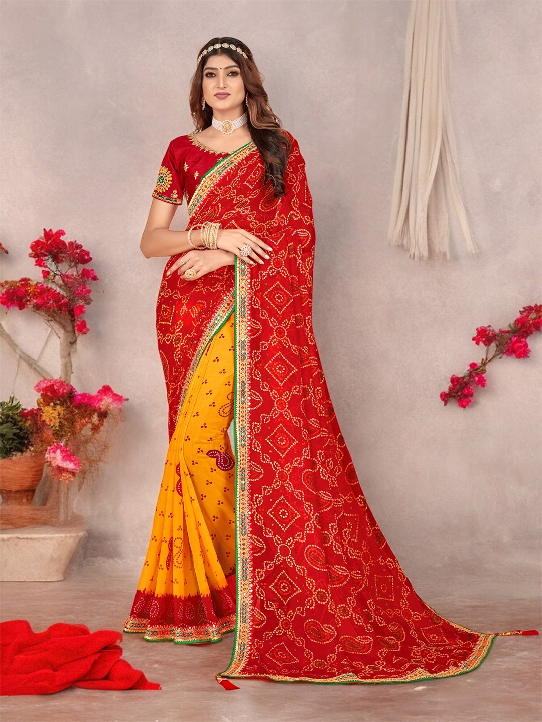 Ambuja International Bandhani Printed Pure Georgette Half and Half Bandhani Saree, Red