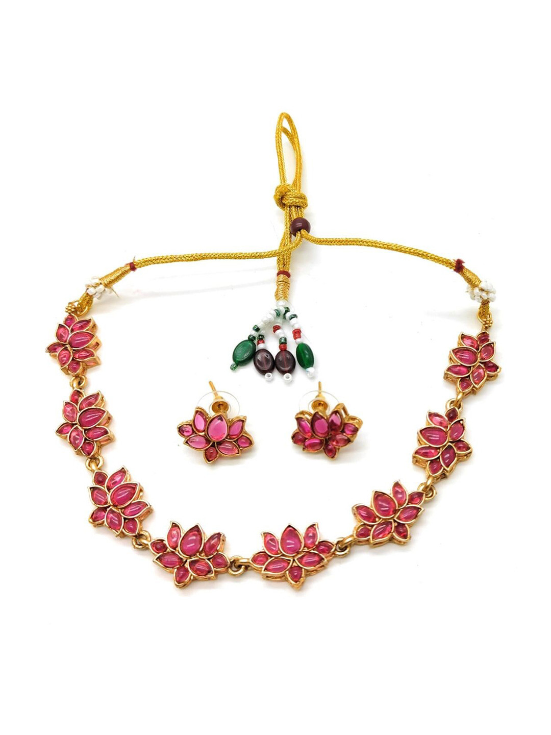 

Adc fashions Gold-Plated Artificial Stones Studded Flower Necklace Earrings Set, Pink