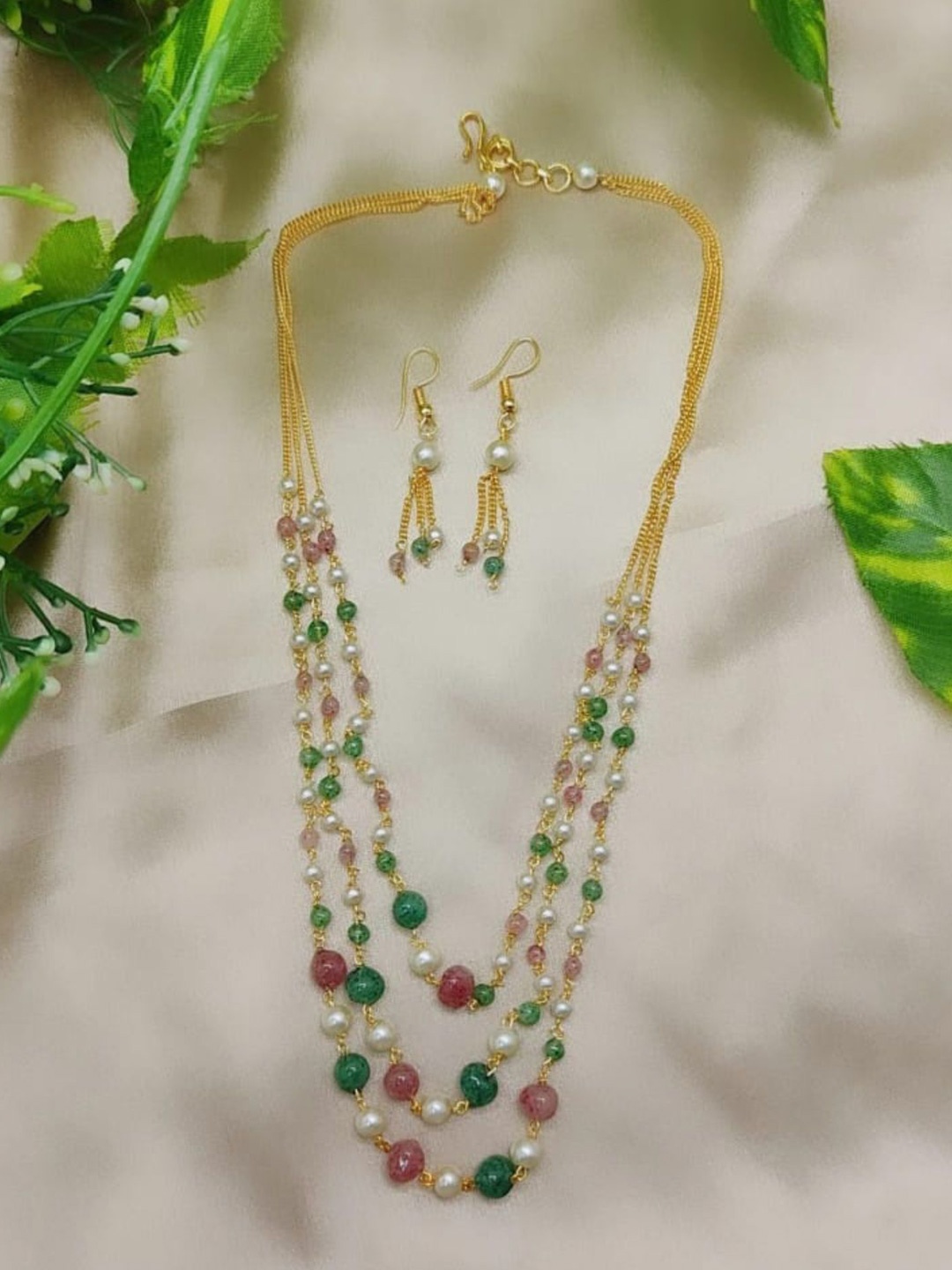 

Adc fashions Gold-Plated Artificial Beaded Layered Necklace With Earrings Set, Green