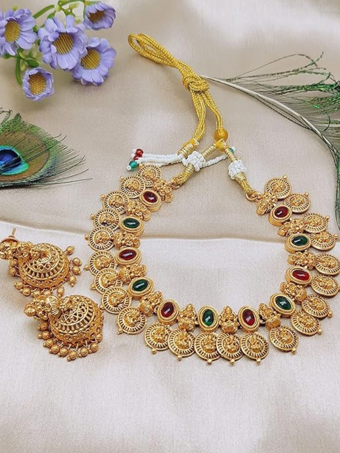 

Adc fashions Gold-Plated Artificial Stones Studded Temple Necklace Earrings Set, Green