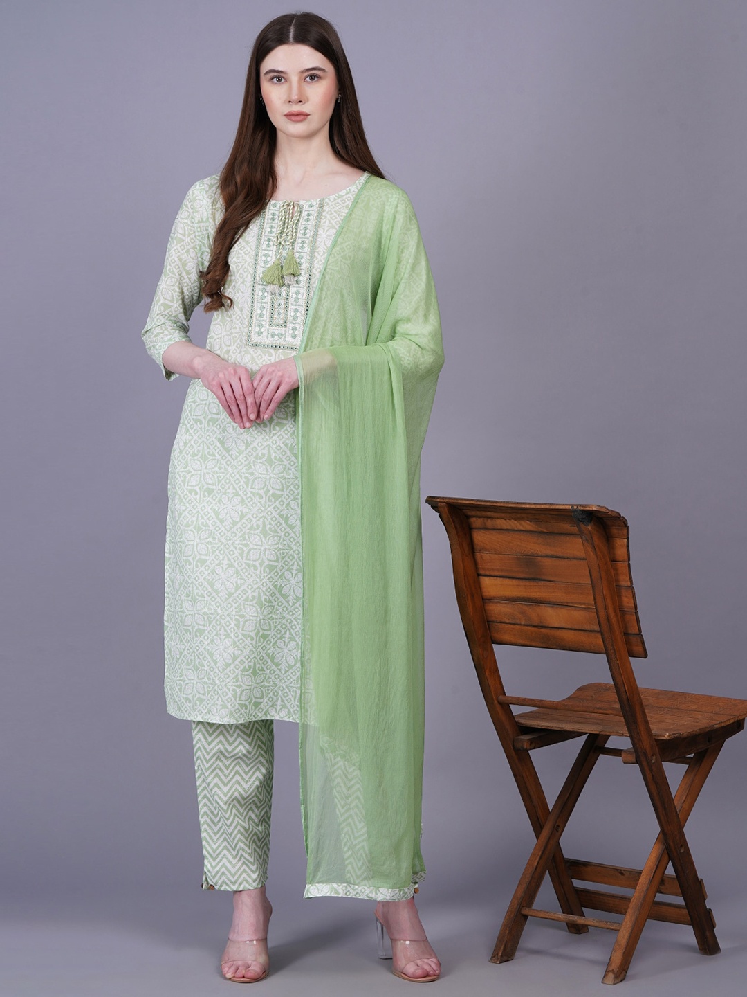 

KALINI Ethnic Motifs Printed Mirror Work Cotton Straight Kurta With Trousers & Dupatta, Green