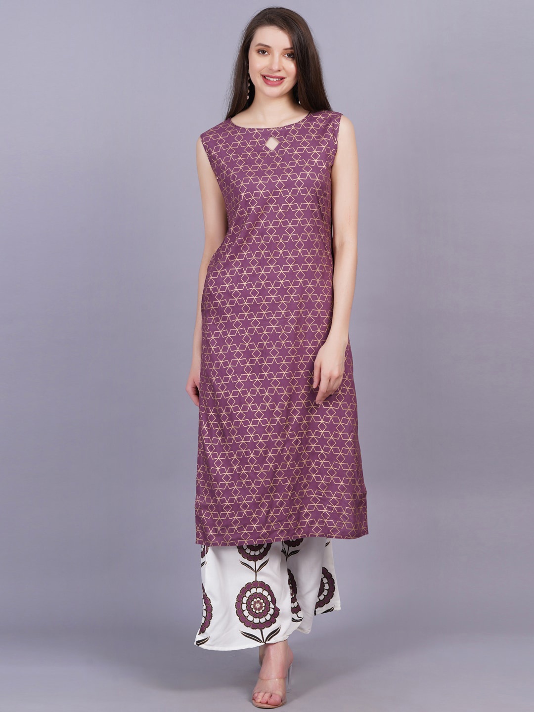 

KALINI Geometric Printed Regular Kurta with Trousers, Purple