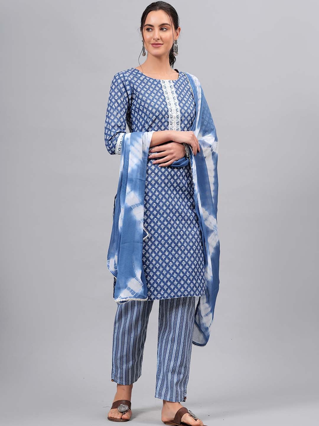 

KALINI Floral Printed Regular Gotta Patti Pure Cotton Kurta With Trousers & Dupatta, Blue