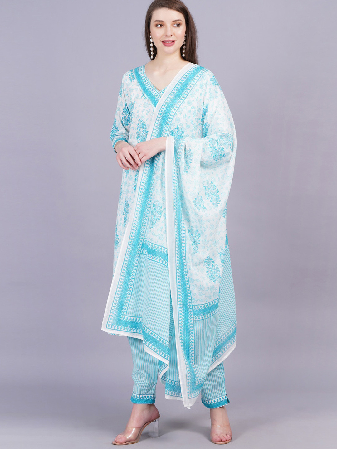 

KALINI Floral Printed Regular Pure Cotton Kurta with Trousers & With Dupatta, Blue