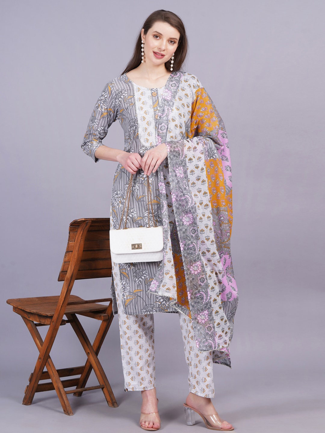 

KALINI Floral Printed Regular Gotta Patti Pure Cotton Kurta with Trousers & With Dupatta, Grey