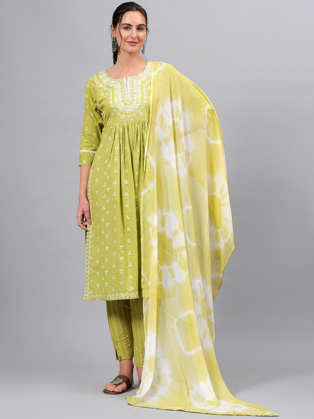 

KALINI Geometric Printed Notch Neck Pure Cotton A-Line Kurta with Trousers & Dupatta, Green