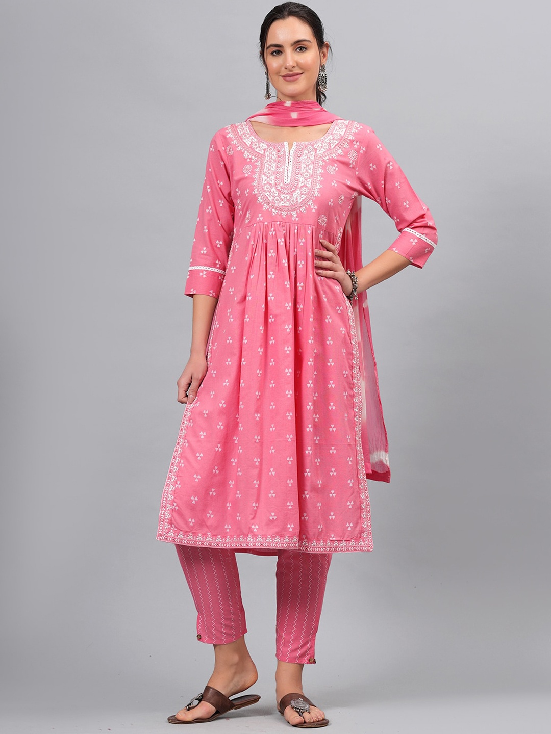 

KALINI Floral Regular Chikankari Pure Cotton Kurta with Trousers & Dupatta, Pink