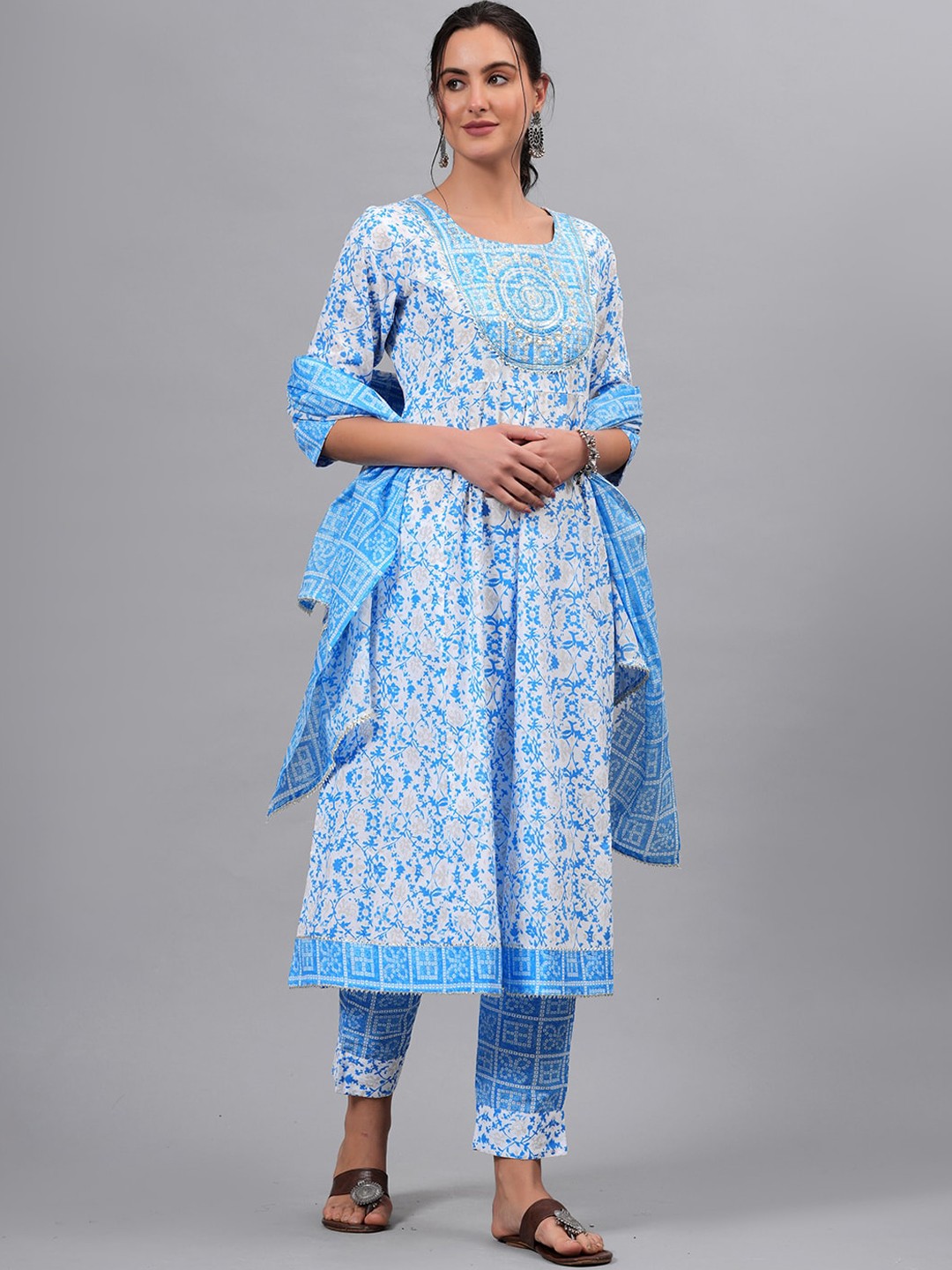 

KALINI Floral Printed Gotta Patti Pure Cotton Anarkali Kurta With Trousers & Dupatta, Blue