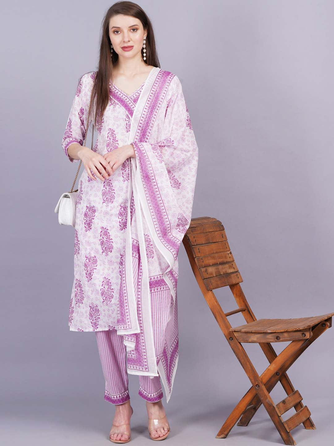 

KALINI Floral Printed Regular Gotta Patti Cotton Straight Kurta With Trousers & Dupatta, Purple