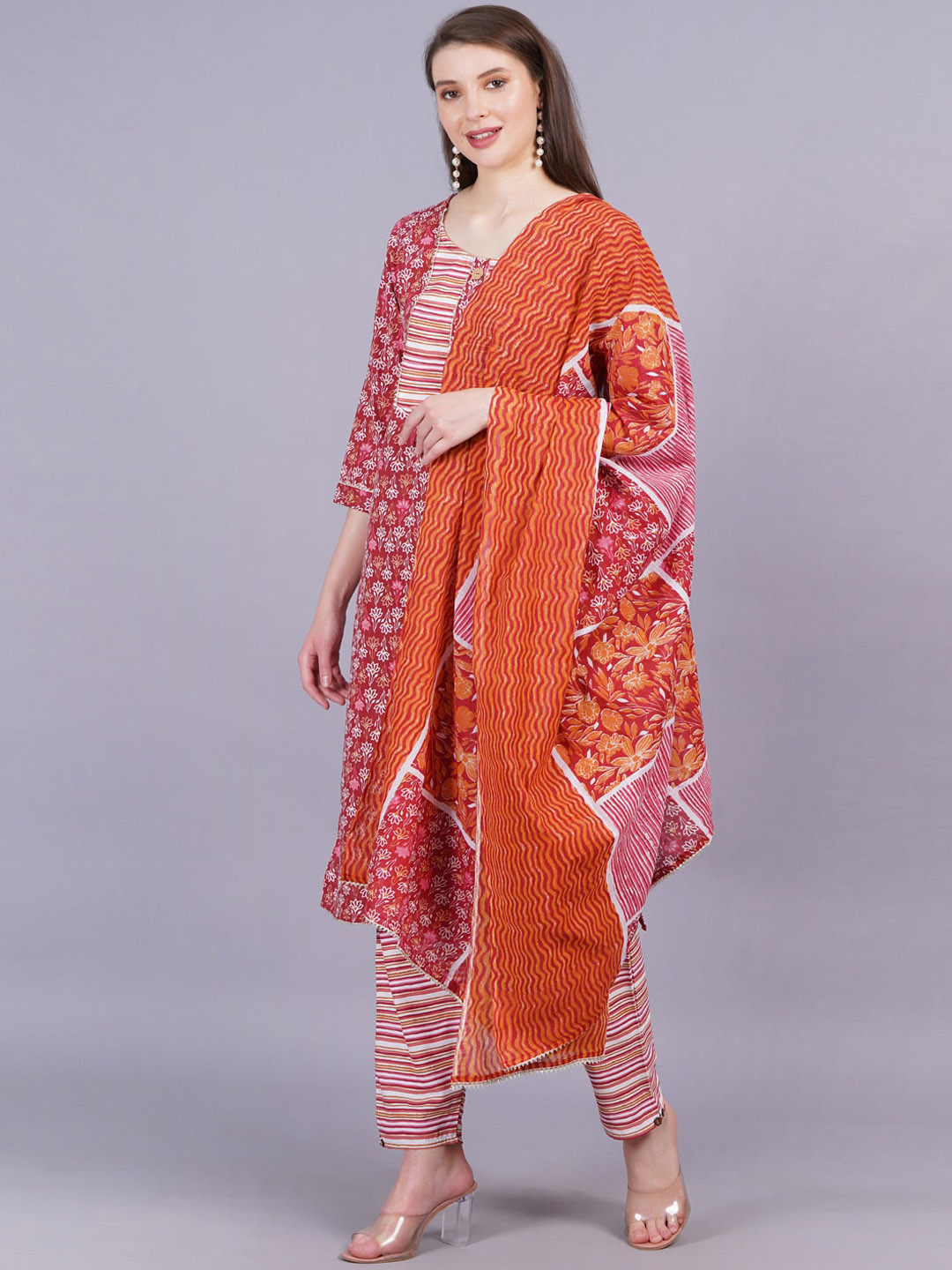 

KALINI Ethnic Motifs Gotta Patti Pure Cotton Straight Kurta With Trousers & Dupatta, Maroon