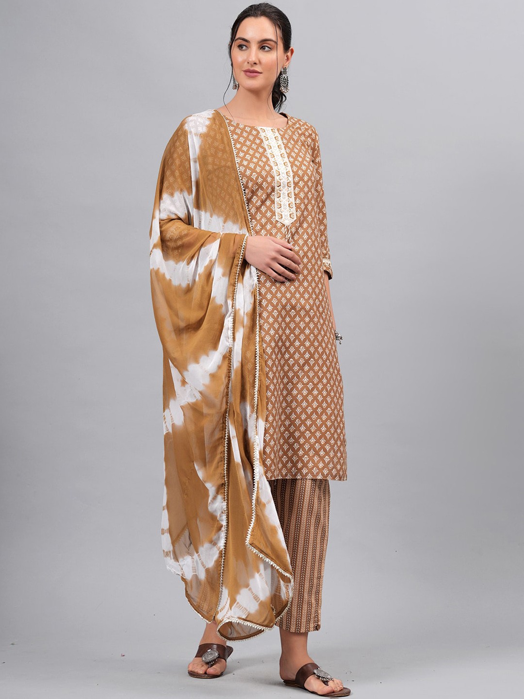 

KALINI Ethnic Motifs Printed Regular Gotta Patti Pure Cotton Kurta with Trousers & Dupatta, Brown