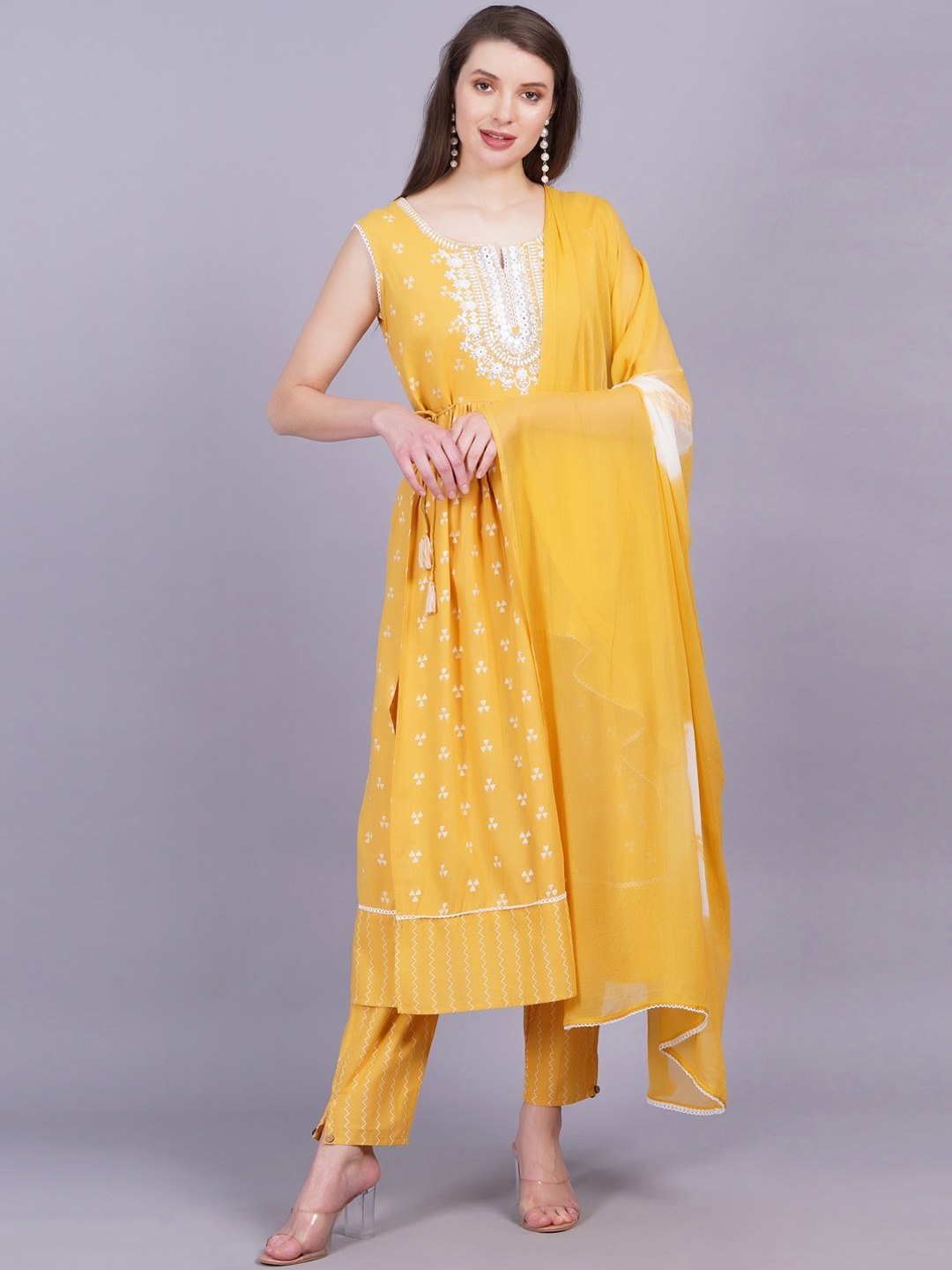 

KALINI Floral Printed Thread Work Pure Cotton A Line Kurta With Trousers & Dupatta, Yellow