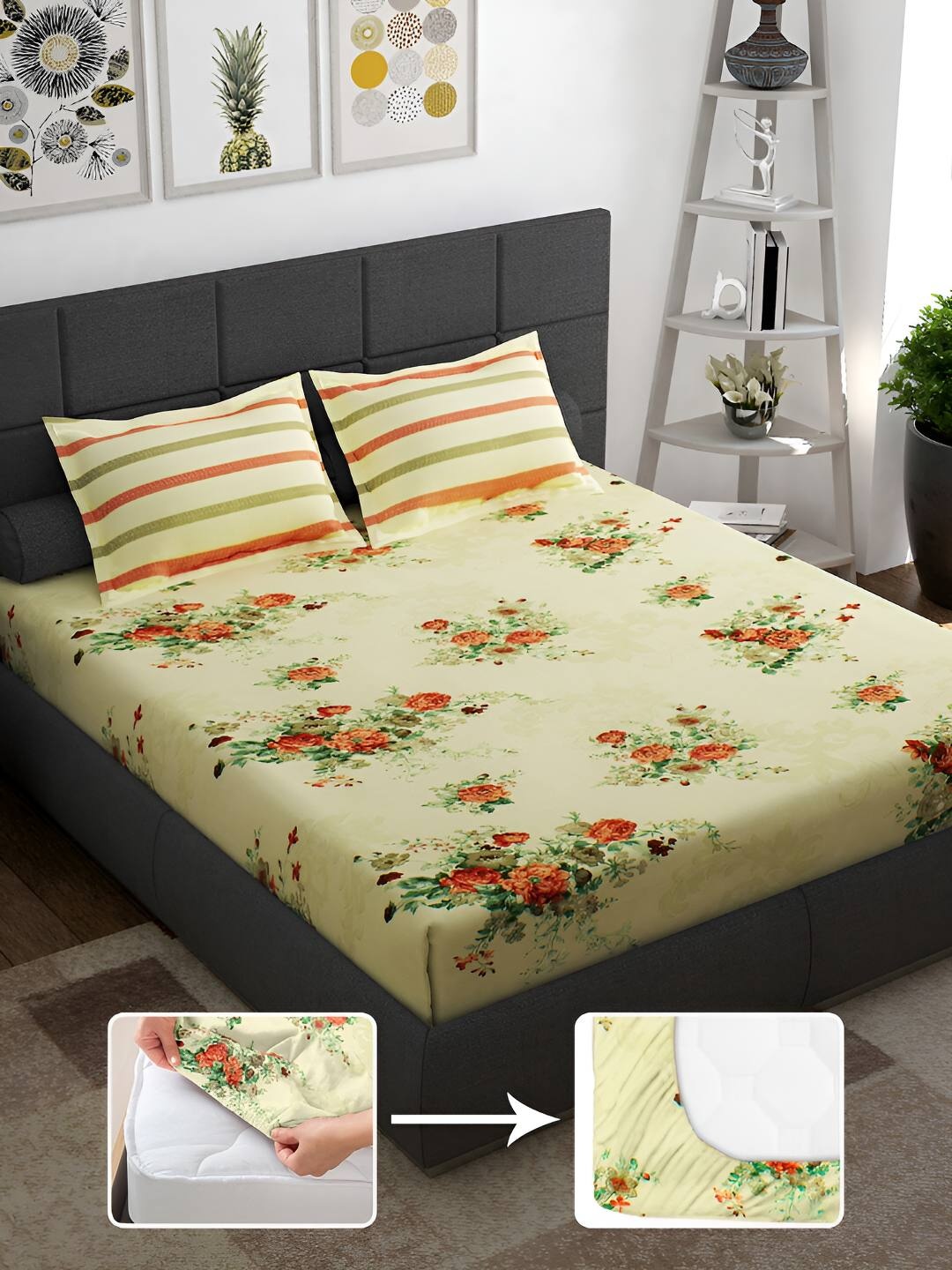 

Story@home Orange & Green Floral 144 TC Queen Fitted Bedsheet with 2 Pillow Covers