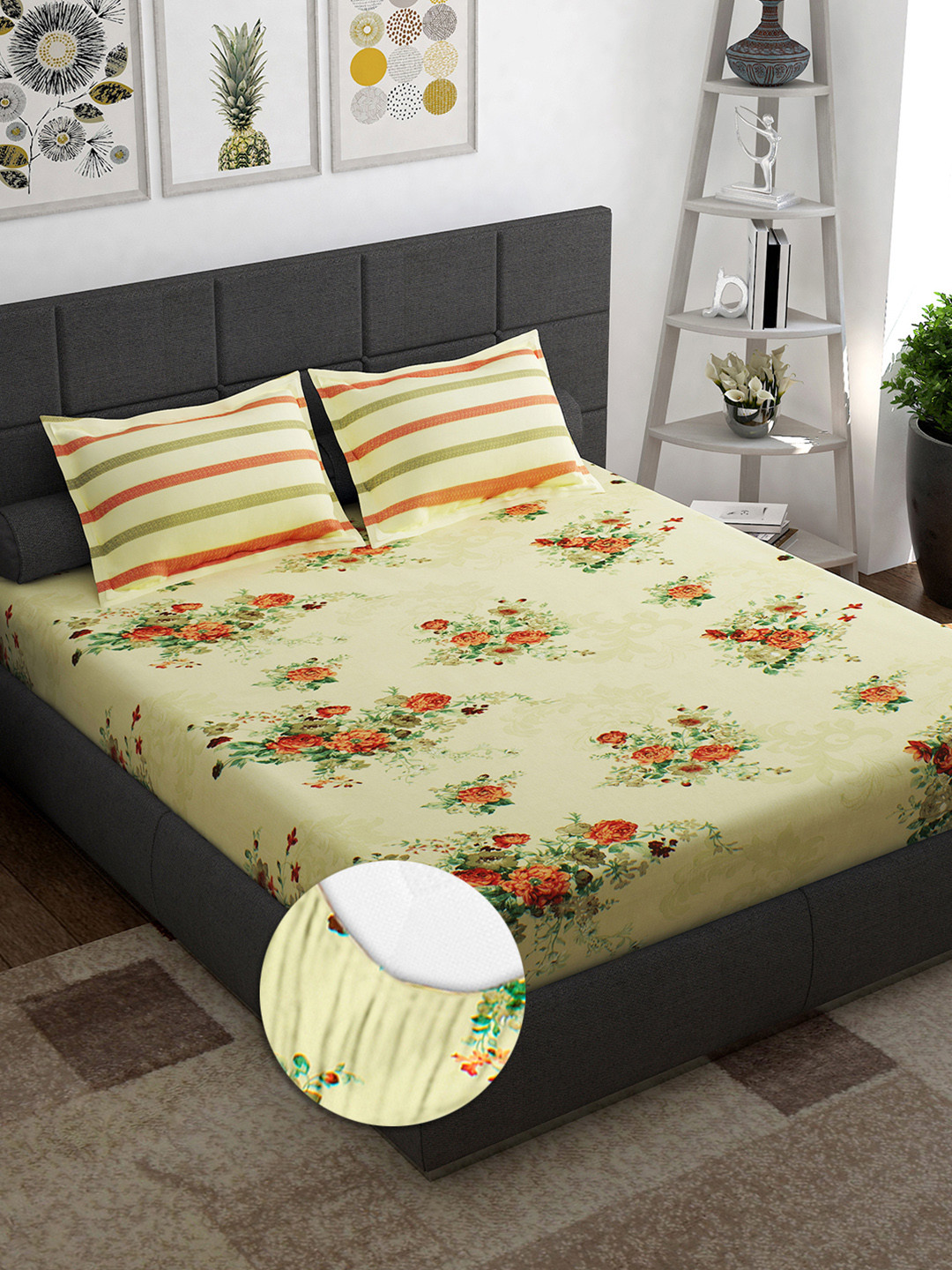 

Story@home Orange & Green Floral 144 TC Queen Fitted Bedsheet with 2 Pillow Covers