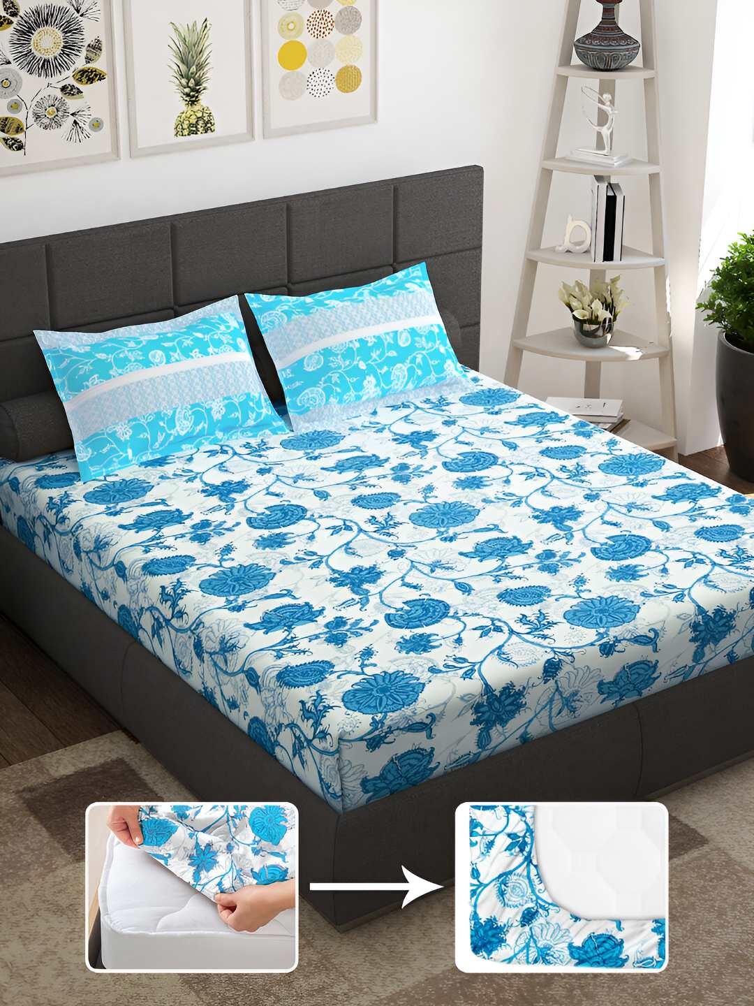 

Story@home Blue & White Floral 144 TC Queen Fitted Bedsheet with 2 Pillow Covers