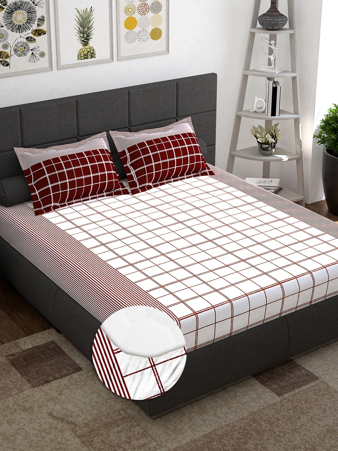 

Story@home White & Maroon Geometric 144 TC Queen Fitted Bedsheet with 2 Pillow Covers