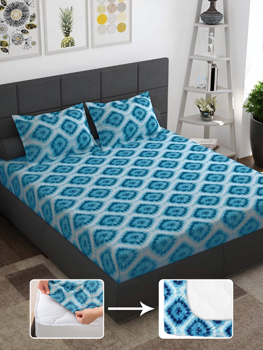 

Story@home Blue & White Ethnic Motifs 144 TC Queen Fitted Bedsheet with 2 Pillow Covers