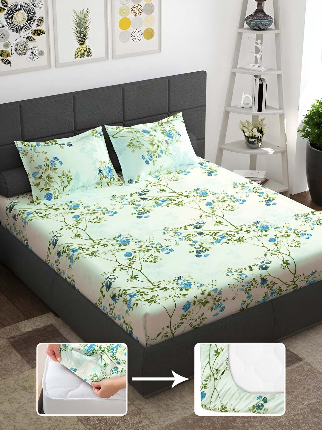 

Story@home Lime Green & Blue Floral 144 TC Queen Fitted Bedsheet with 2 Pillow Covers