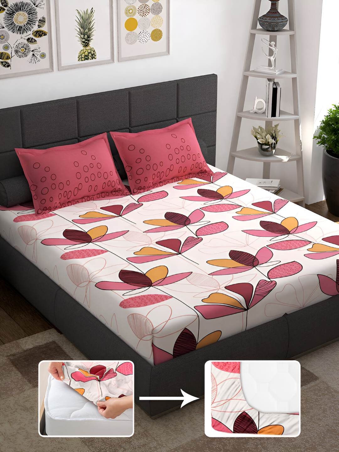 

Story@home White & Pink Floral 144 TC Queen Fitted Bedsheet with 2 Pillow Covers