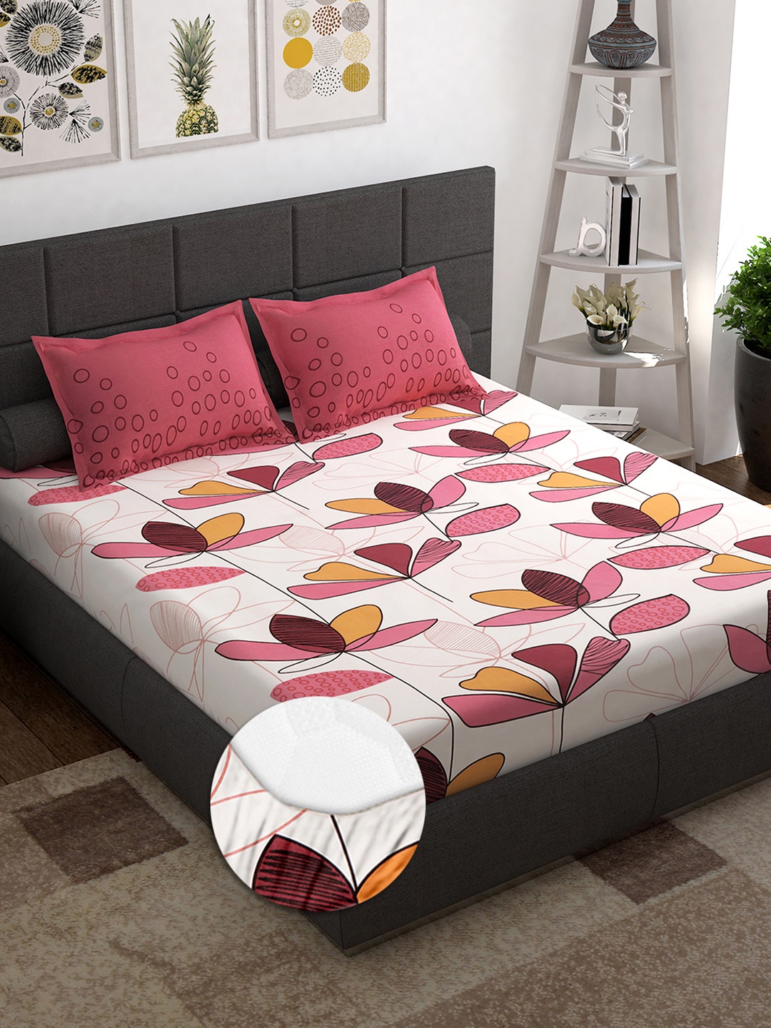 

Story@home White & Pink Floral 144 TC Queen Fitted Bedsheet with 2 Pillow Covers