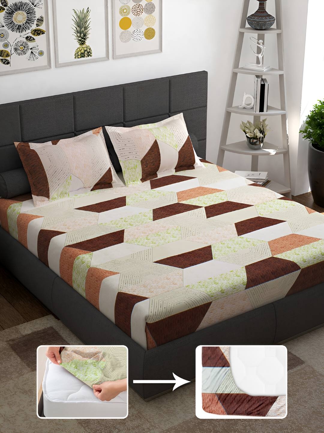 

Story@home Brown & White Geometric 144 TC Queen Fitted Bedsheet with 2 Pillow Covers