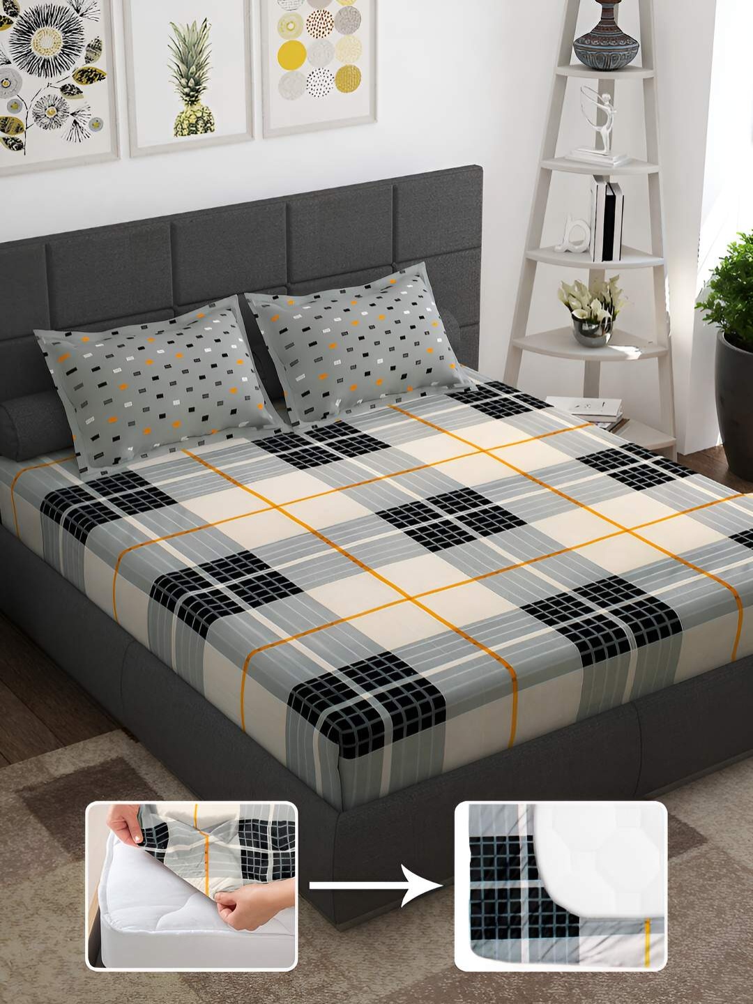 

Story@home Grey & Black Geometric 144 TC Queen Fitted Bedsheet with 2 Pillow Covers