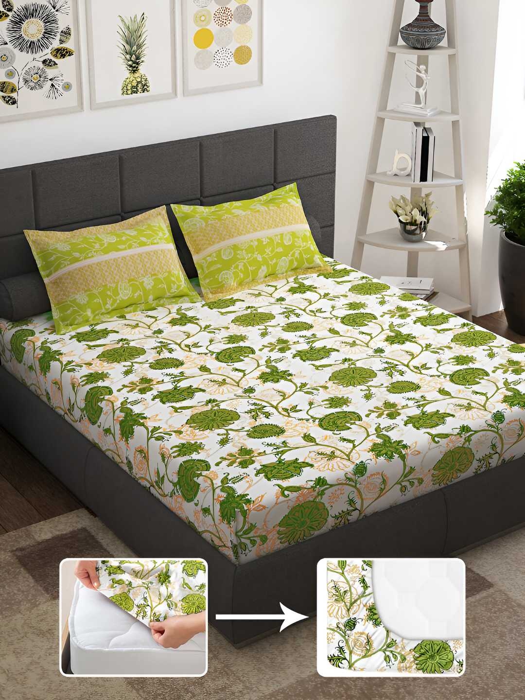 

Story@home Green & White Floral 144 TC Queen Fitted Bedsheet with 2 Pillow Covers