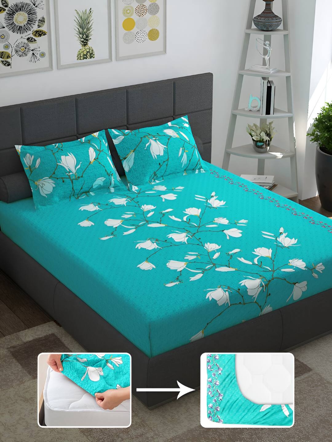 

Story@home Sea Green & White Floral 144 TC Queen Fitted Bedsheet with 2 Pillow Covers