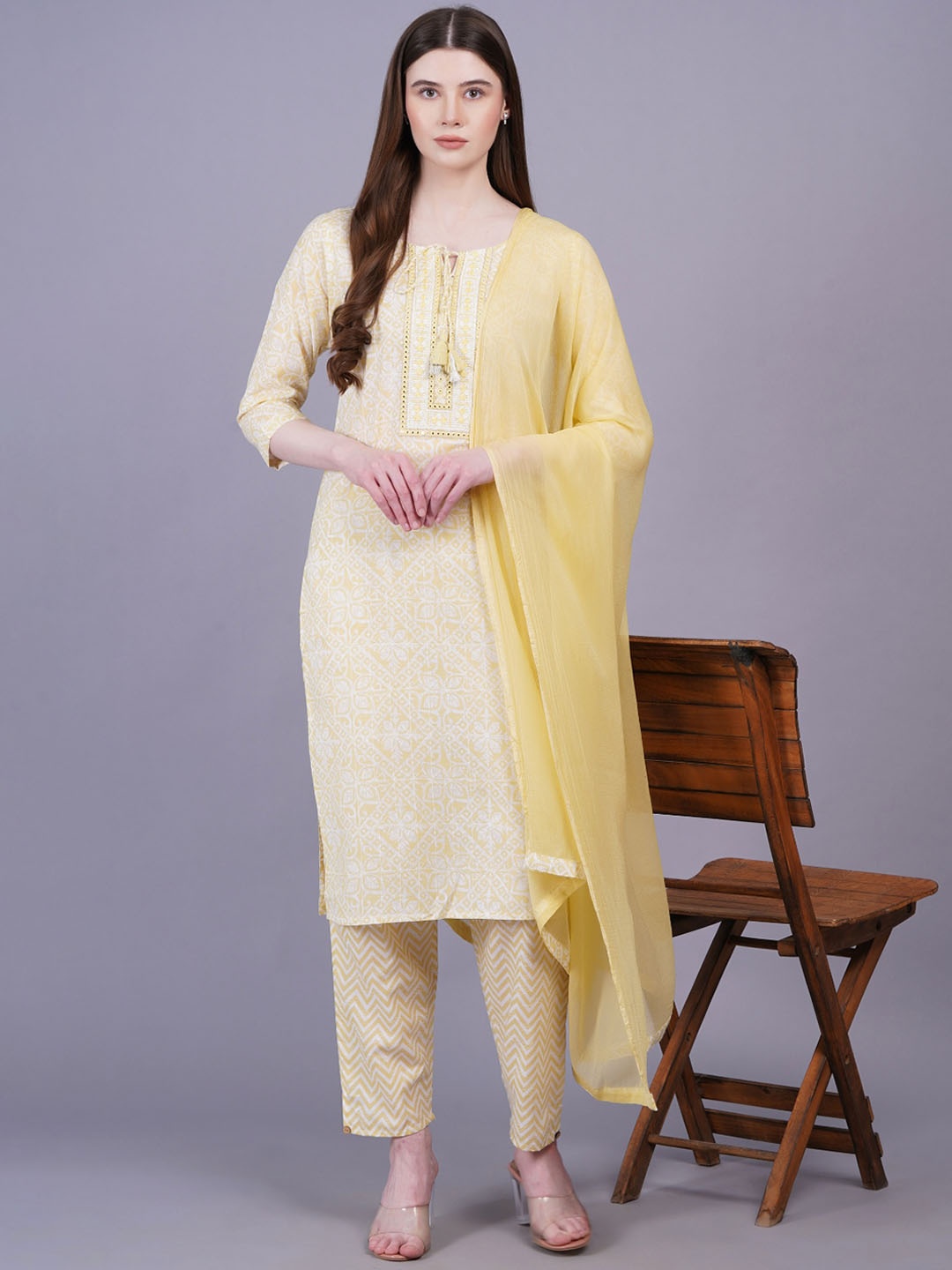 

JC4U Ethnic Motifs Printed Regular Mirror Work Pure Cotton Kurta with Trousers & Dupatta, Yellow