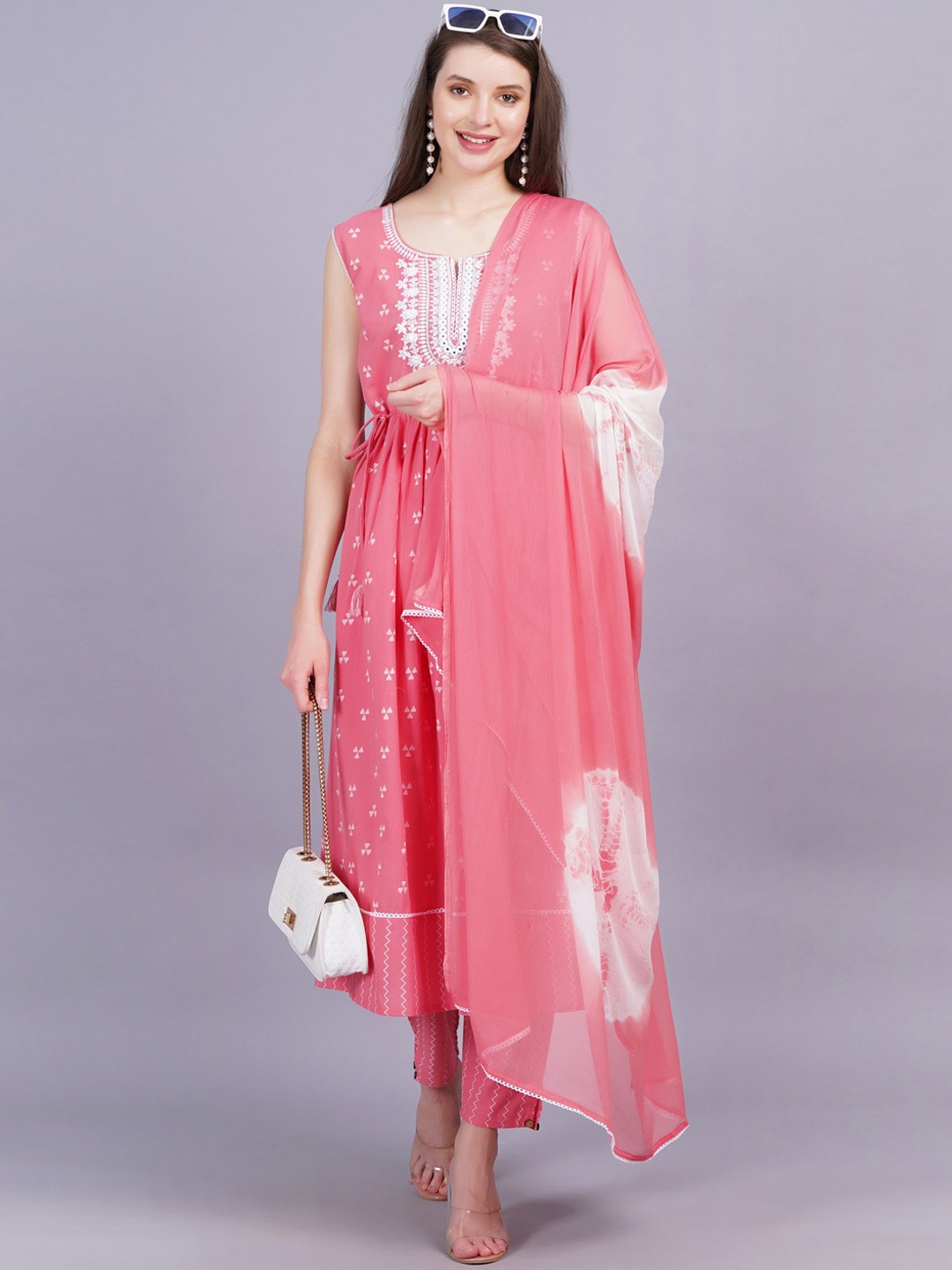 

JC4U Printed Regular Thread Work Pure Cotton Kurta with Trousers & Dupatta, Pink