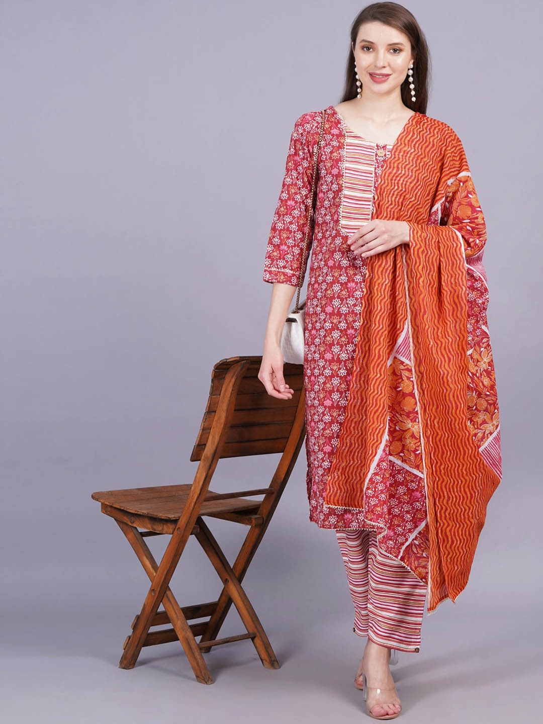 

JC4U Floral Printed Regular Gotta Patti Pure Cotton Kurta with Trousers & Dupatta, Maroon