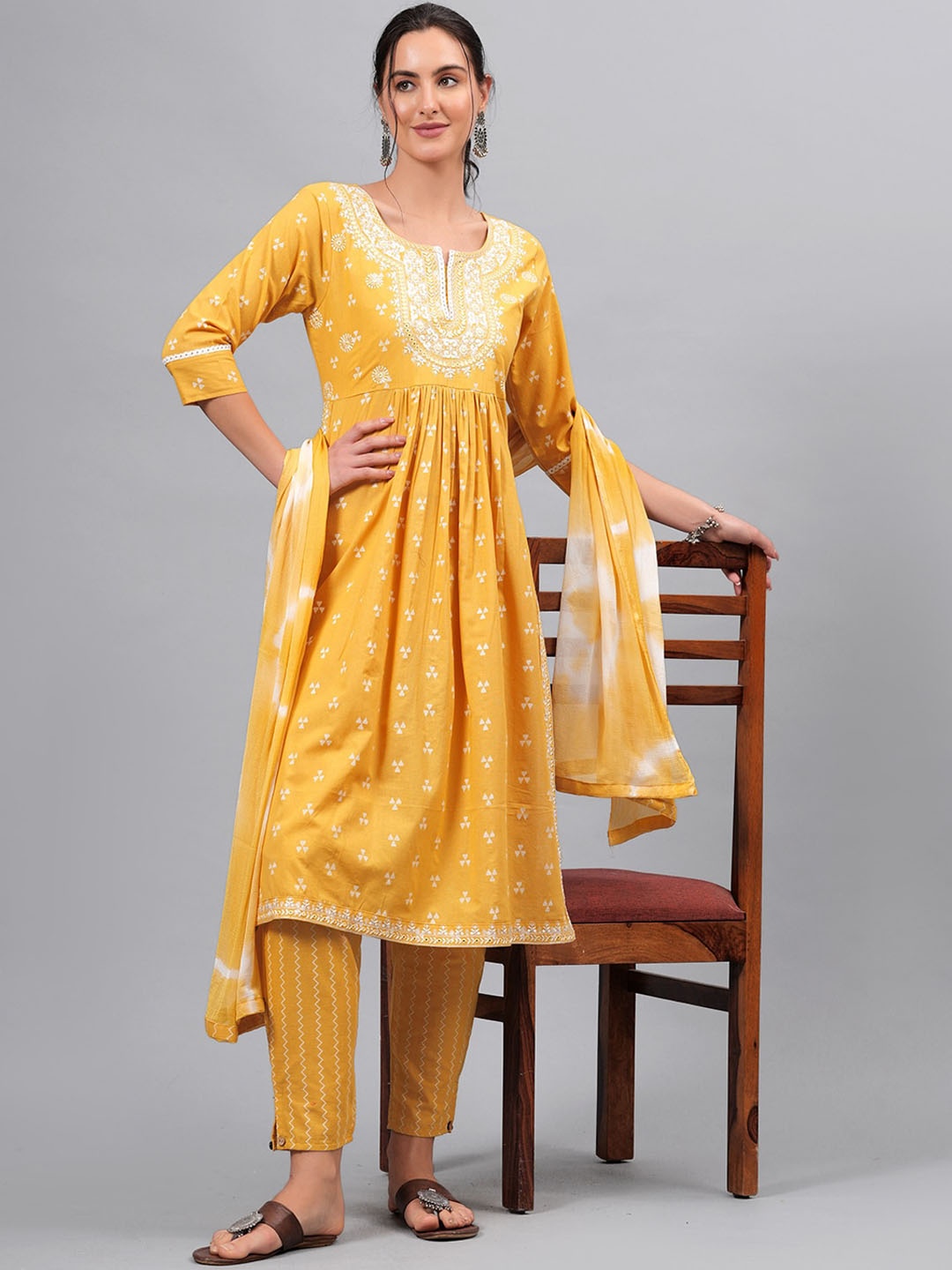 

JC4U Floral Printed Round Neck Chikankari Pure Cotton Kurta with Trousers & Dupatta, Yellow