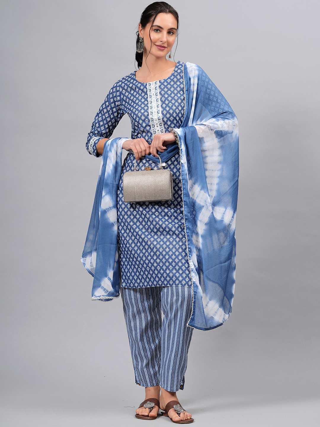 

JC4U Ethnic Motifs Printed Regular Mirror Work Pure Cotton Kurta with Trousers & Dupatta, Blue