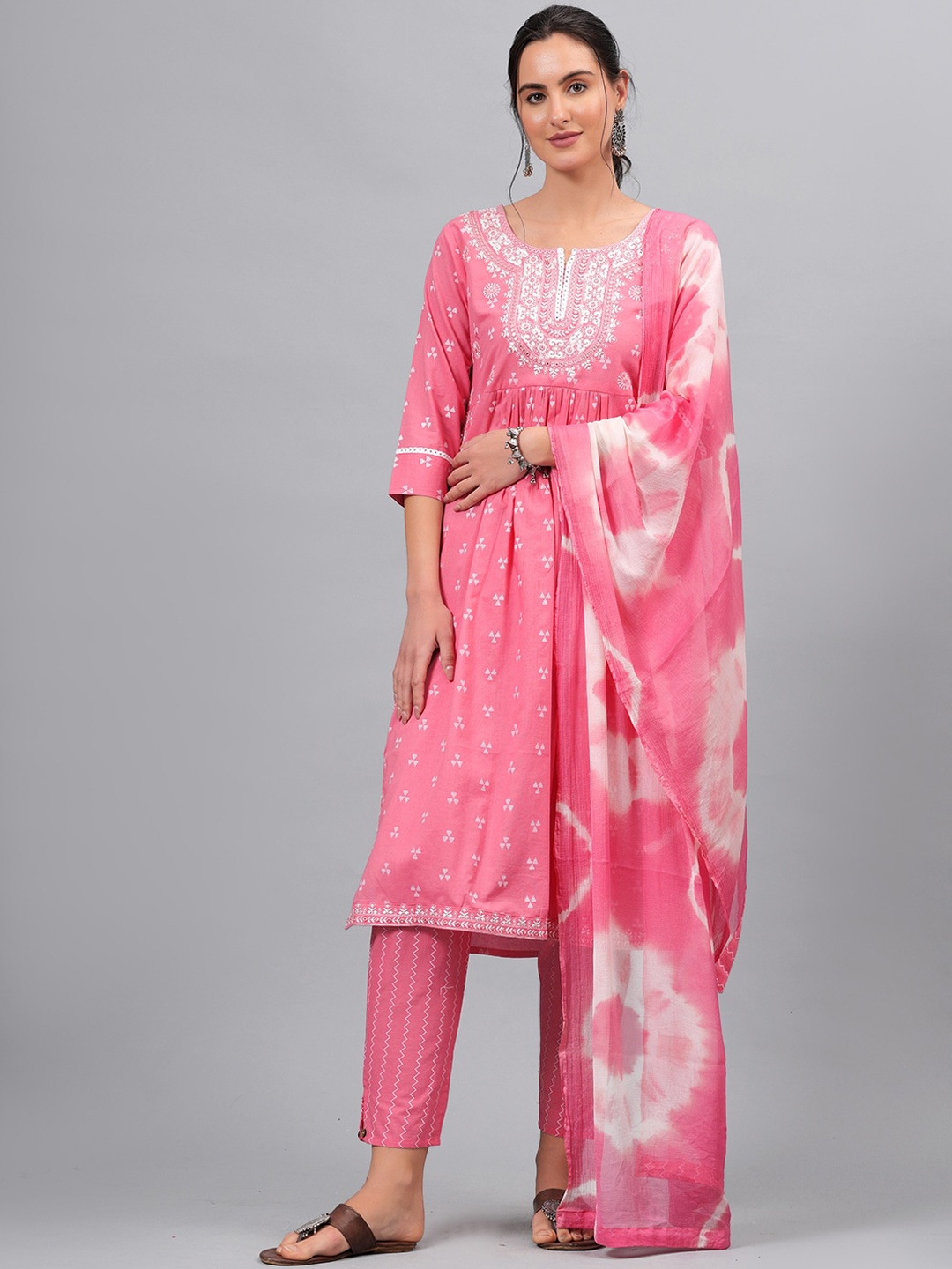 

JC4U Round Neck Chikankari Pure Cotton Straight Kurta with Trousers & Dupatta, Pink