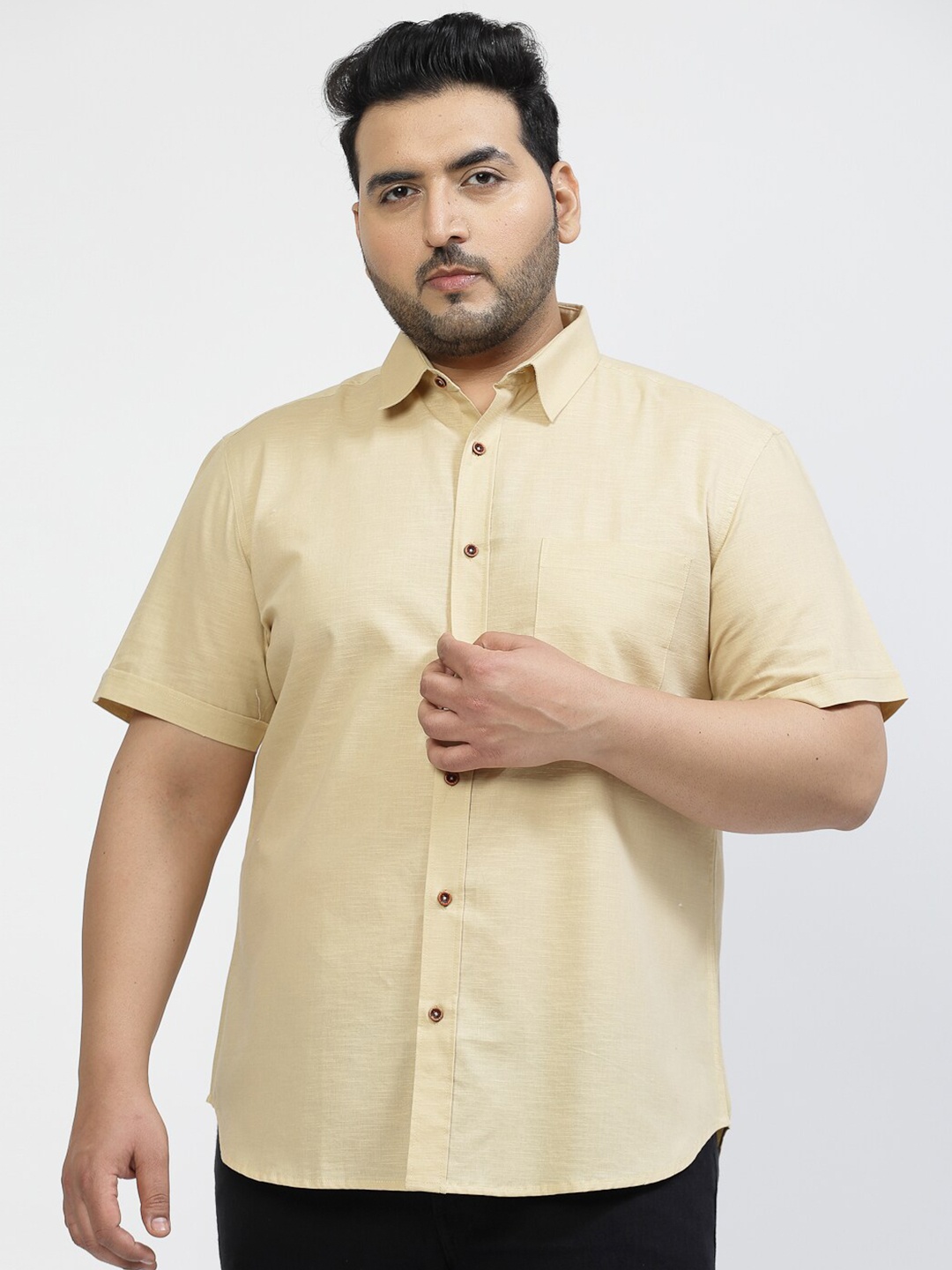 

plusS Plus Size Spread Collar Linen Shirt, Beige