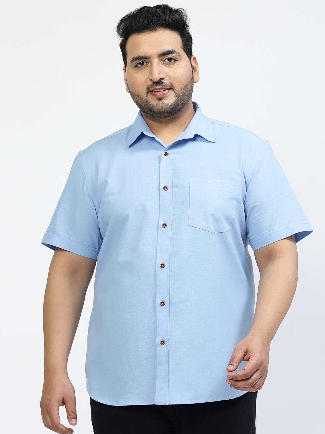 

plusS Spread Collar Opaque Casual Plus Size Linen Shirt, Blue