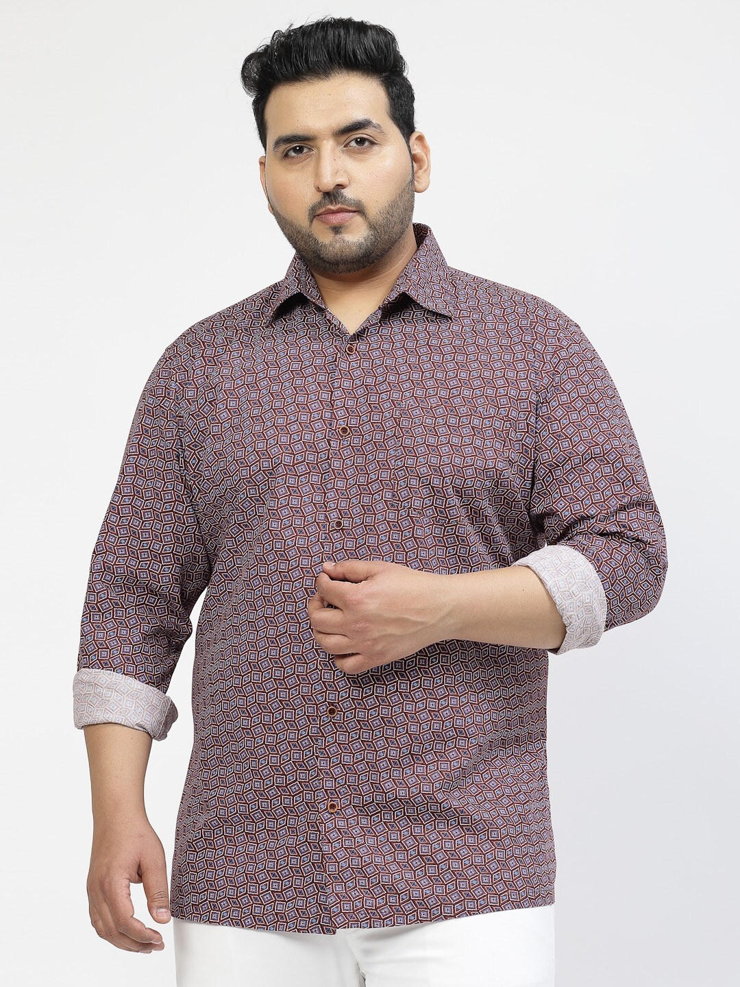 

plusS Floral Printed Spread Collar Long Sleeves Cotton Casual Shirt, Maroon