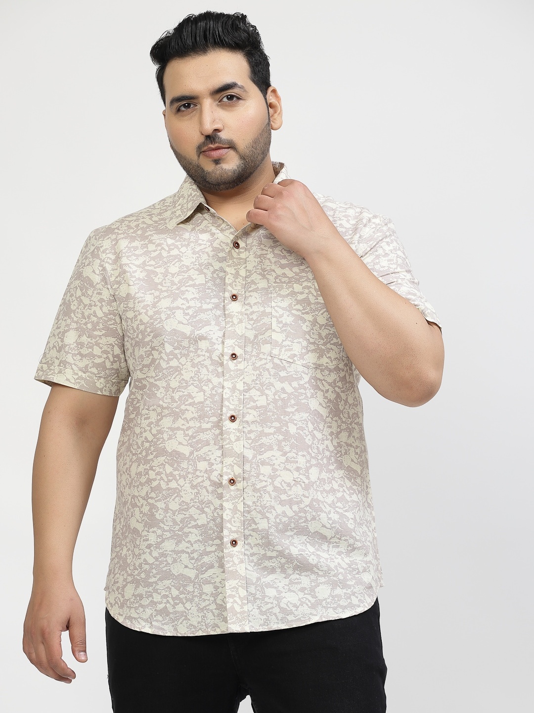 

plusS Floral Printed Half Sleeves Cotton Casual Shirt, Beige