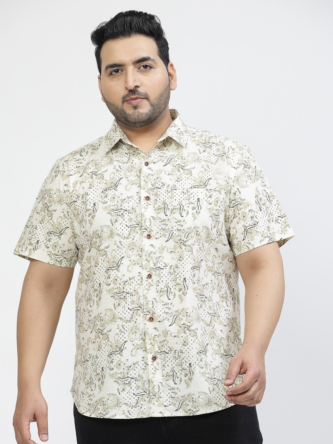 

plusS Floral Printed Spread Collar Cotton Shirt, Beige