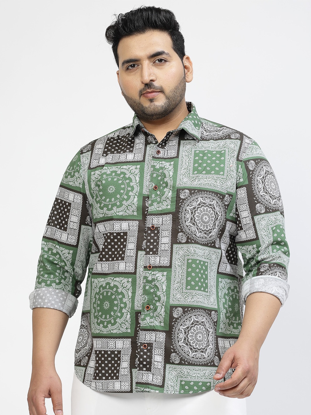 

plusS Ethnic Motifs Printed Cotton Casual Shirt, Green