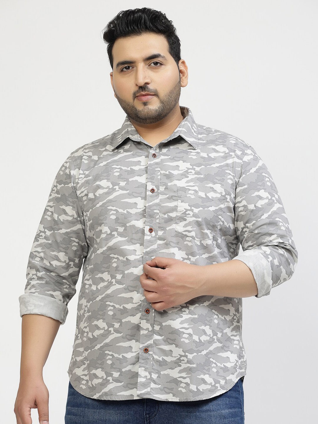 

plusS Plus Size Camouflage Printed Spread Collar Cotton Shirt, Grey