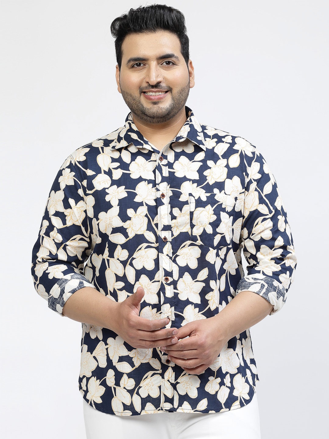 

plusS Floral Printed Spread Collar Long Sleeves Casual Cotton Shirt, Navy blue