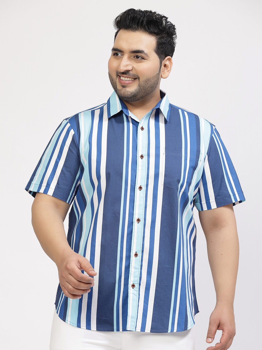 

plusS Vertical Striped Short Sleeves Cotton Casual Shirt, Blue