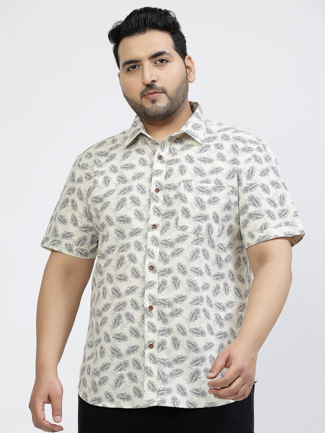 

plusS Plus Size Floral Printed Spread Collar Cotton Shirt, Beige