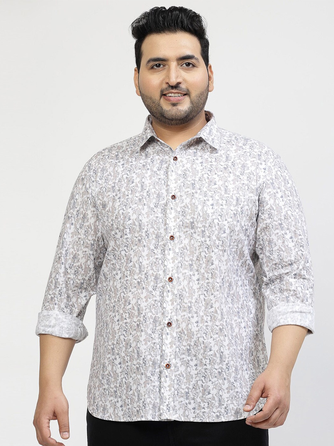 

plusS Abstract Printed Spread Collar Cotton Shirt, White