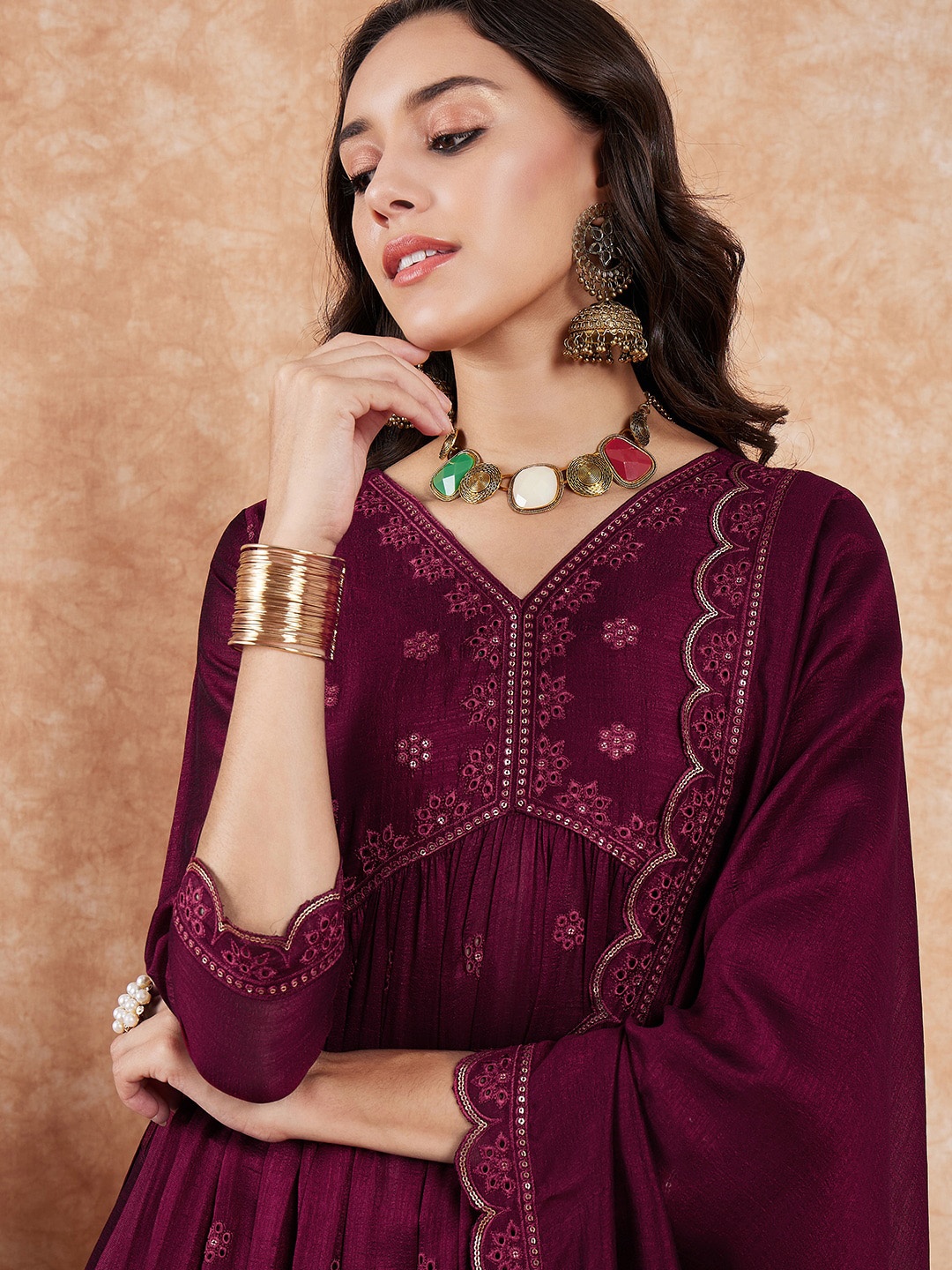 

Sangria Sequin Embroidered Empire Anarkali Kurta With Trousers & Dupatta, Magenta